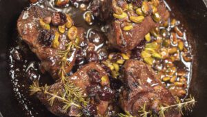 Cast Iron Lamb with Dried Cherries & Pistachios